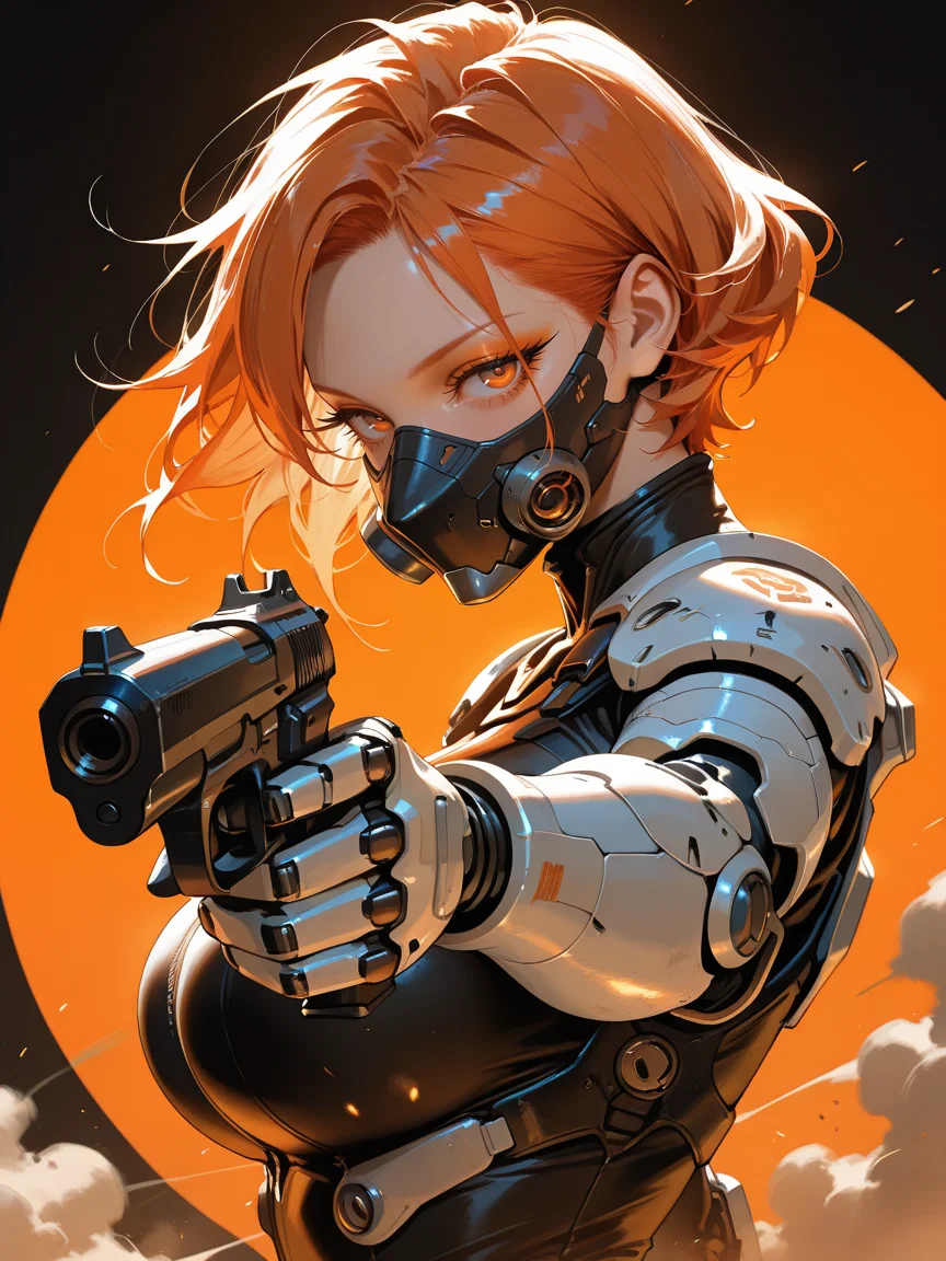 masterpiece, best_quality, amazing quality, newest,
semi-realistic, 2.8d.
1beautiful woman, 30 years old, cyber mask,
expressionless, sideways glance at viewer. long eyes, long eyelashes, eyeshadow.
short hair, orange hair.
big breasts, fat arm.
wearing a soldier suit, armor, bodysuit, mechanical arm, science fiction.
holding gun, aiming at viewer, muzzle.
simple orange background, pro lighting,
orange theme, dust.
shoot from side, face focus,
foreshortening, dynamic composition, dynamic angle.
<lora:NijijourneyNoob_byKonan:0.4>