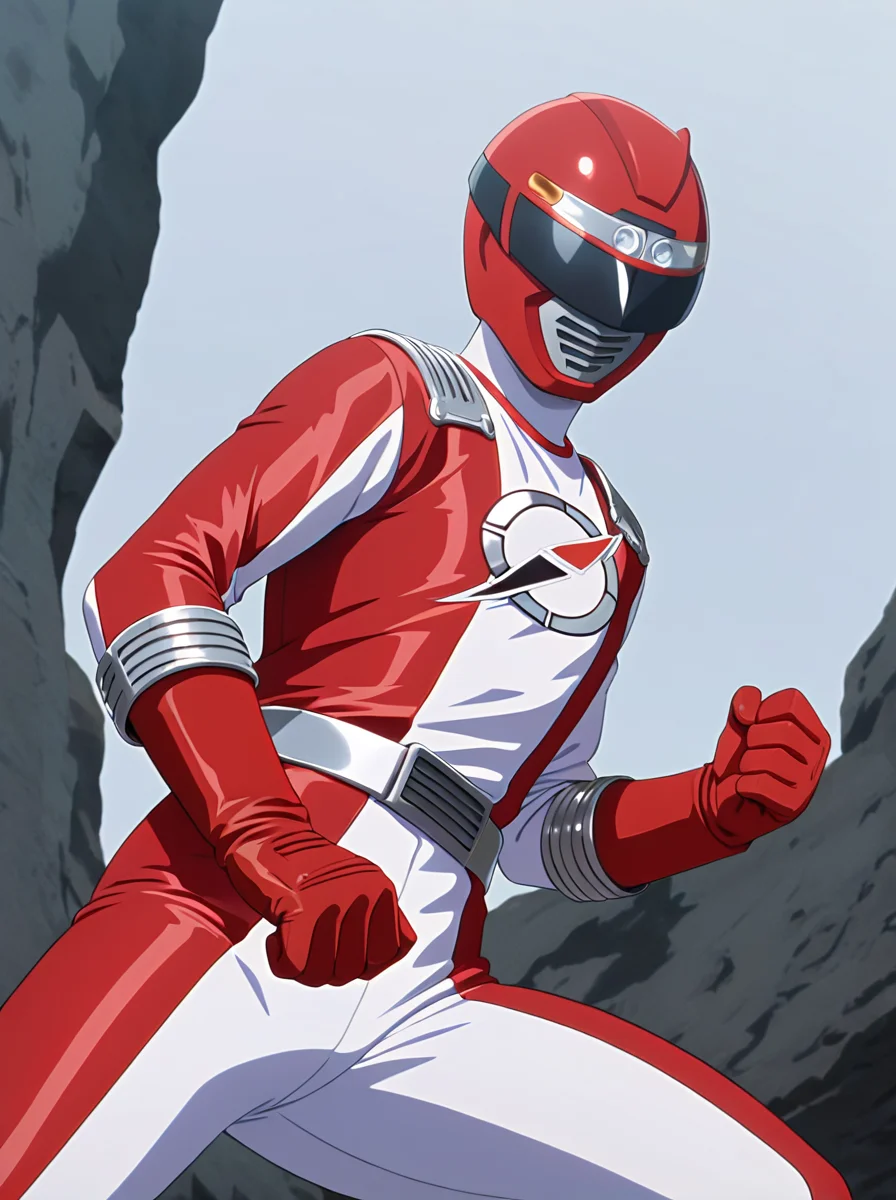 masterpiece, best quality, amazing quality, very aesthetic, absurdres, newest,shiny skin,, anime screenshot, anime coloring, uncensored <lora:GoGo_Sentai_Boukenger_CharacterPack:1>bokenred, robot, solo, bokred helmet, bokred bodysuit, bokred belt, bokred gloves, solo, tokusatsu, simple background, fighting stance, simple background, white background,