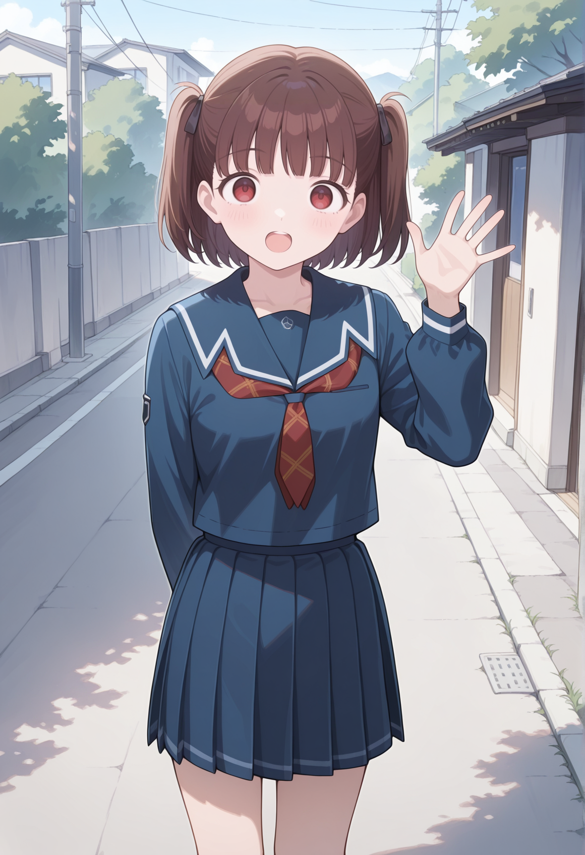 1girl, brown hair, medium hair, twintails, red eyes, blue serafuku, pleated skirt, long sleeves, waving, outdoors  <lora:nana_narumi_kimikiss:1>, masterpiece, best quality, amazing quality, very aesthetic, absurdres, highres, newest