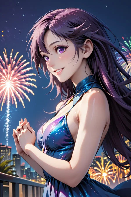 score_9, score_8_up, score_7_up, masterpiece, high quality, extreme detail, absurdres, (detailed skin texture) BREAK realistic
<lora:VioletPonyLora:1>violet, long hair, violet hair, blue dress, sparke, sequin, fireworks, night, blush, smile, hands together, from side, watching sky
