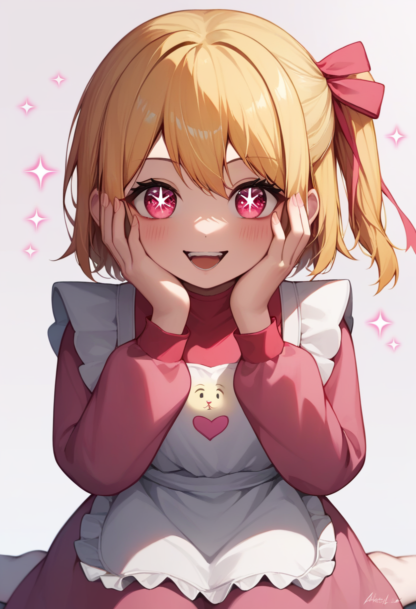 score_9,score_8_up,score_7_up,<lora:oshi_no_ko:1>,1girl, solo, hands_up, sitting, blush, smile, blonde_hair, short_hair, fingernails, highres, artist_name, child, hair_between_eyes, hair_ribbon, hands_on_own_face, heart_in_eye, hoshino_ruby, looking_at_viewer, one_side_up, open_mouth, pink_bodysuit, pink_eyes, pink_ribbon, puffy_long_sleeves, rabbit_print, simple_background, sparkle, star-shaped_pupils, white_apron, white_background