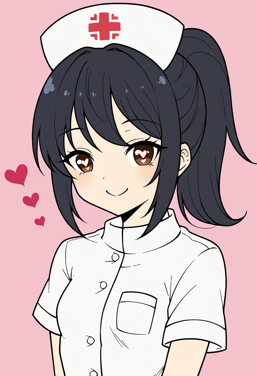 <lora:FlatColor:1.2> flat color, 1girl, solo, brown eyes, ponytail, black hair, heart pupils, small breasts, wearing a nurse outfit, nurse cap, upper body, smile, looking at viewer,
simple background