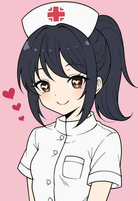 <lora:FlatColor:1.2> flat color, 1girl, solo, brown eyes, ponytail, black hair, heart pupils, small breasts, wearing a nurse outfit, nurse cap, upper body, smile, looking at viewer,
simple background
