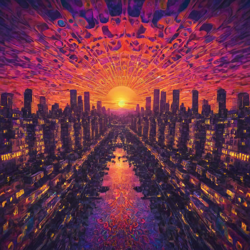 <lora:psychedelic_style_style:0.3>,city landscape,psychedelic,sunset,