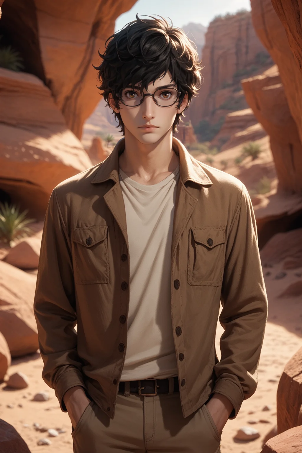 score_9, score_8_up, score_7_up, score_6_up
<lora:P5Ren:0.8>
P5Ren, 1boy, black hair, wavy hair, brown eyes, short hair, glasses, looking at viewer, Desert canyon with dramatic lighting, rugged and grand, Hands in pockets