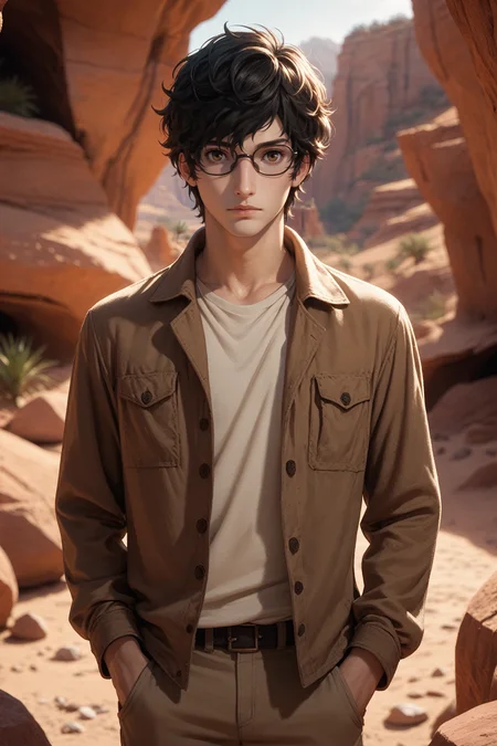 score_9, score_8_up, score_7_up, score_6_up
<lora:P5Ren:0.8>
P5Ren, 1boy, black hair, wavy hair, brown eyes, short hair, glasses, looking at viewer, Desert canyon with dramatic lighting, rugged and grand, Hands in pockets