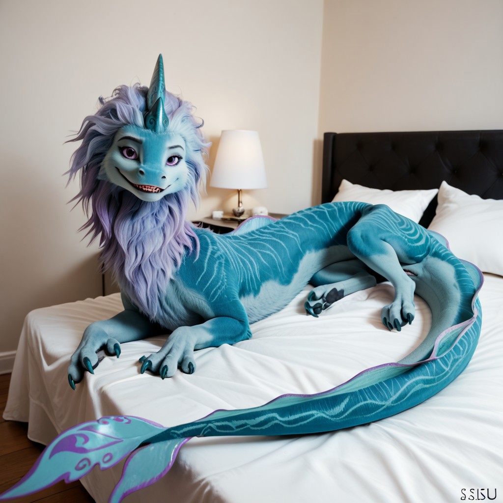 core_9, score_8_up, score_7_up, score_6_up, masterpiece, high quality, realistic, detailed, best quality, 1girl, solo, rating_safe, source_furry, bedroom, smiling, seductive, looking at viewer, on bed, negative_hand, full body, feral, sisu_ratld, dragon, tail, claws, double horns, blueish purple hair, blue fur, back dorsal fins, purple eyes, female, 1girl, feral, long body, full body, furry