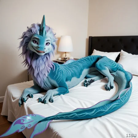 core_9, score_8_up, score_7_up, score_6_up, masterpiece, high quality, realistic, detailed, best quality, 1girl, solo, rating_safe, source_furry, bedroom, smiling, seductive, looking at viewer, on bed, negative_hand, full body, feral, sisu_ratld, dragon, tail, claws, double horns, blueish purple hair, blue fur, back dorsal fins, purple eyes, female, 1girl, feral, long body, full body, furry