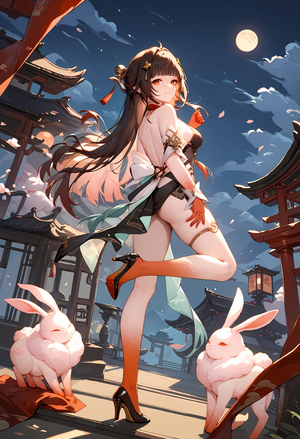 (score_9, score_8_up, score_7_up), 1girl, lingsha, hair ornament, red limbs, single wrist cuff, thigh strap, black heels, standing on one leg, from behind, smile, closed mouth, pink rabbit, night sky, moon, east asian architecture, <lora:lingsha-strPO-v2b:0.9>