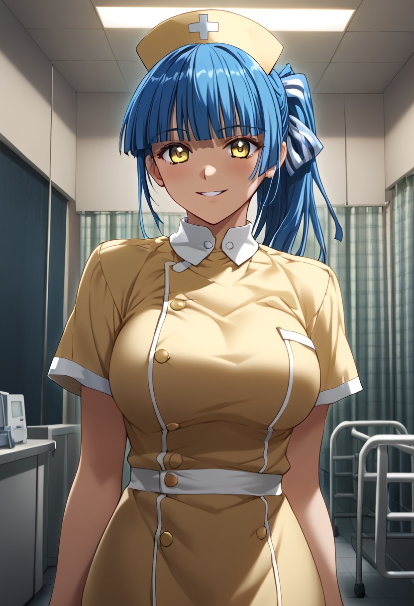 score_9,score_8_up,score_7_up,source_anime,5_figner,2d_animation,game cg,BREKE,1girl,solo,
Yubiki Shitone,yellow nurse,yellow nursecap,blue hair,ponytail,blue hair,white thighhighs,white collar,hair ribbon,
large breasts,front view,upper body,smile,blush,
hospital,standing,
masterpiece,best qualit,ultra-detailed,illustration,an extremely delicate and beautiful,beautiful detailed eyes,unity 8k wallpaper,high resolution,anime CG,official_art,