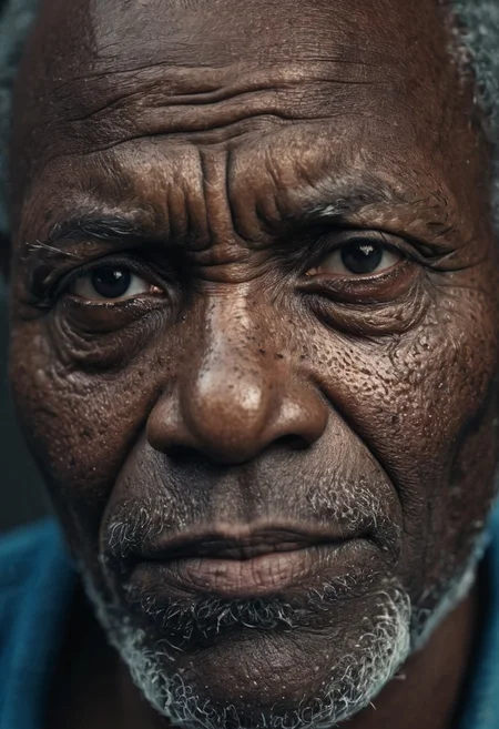 close-up emotional portrait of an old dark skin african  man in rugged bluesman clothing, staring directly at viewer, (detailed skin pores:1.2), (imperfect skin texture:1.1), subtle moles, soulful expression, 8k ultra high definition, film grain texture, moody lighting, high-quality cinematic photo, aged face with wrinkles and character, lifelike detail, raw realism