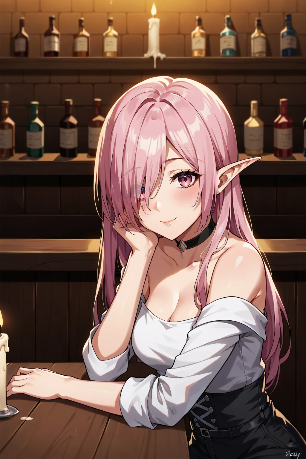 score_9, score_8_up, score_7_up, source_anime, 1girl, prefect lighting, very aesthetic, intricate details, highly detailed background, masterpiece, high quality, prefect hands, best quality, solo,
<lora:Sonia_Isekai_Yarisaa_V2:.85>, KJOsonia, pink hair, dark pink eyes, long hair, pointy ears, hair over one eye,
white shirt, off shoulder, cargo pants, boots, black choker,
leaning on counter, from side, looking at viewer, smile, head tilt, blush, head rest,
tavern, bar, candles, dimly lit,
(Beautiful, medium Breasts:1.2), natural breasts,