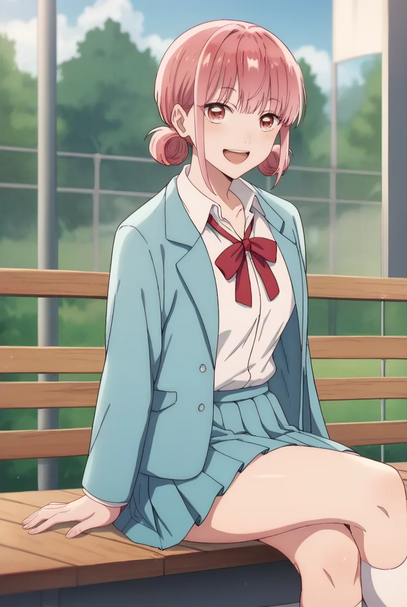score_9_up,score_8_up,score_7_up,<lora:BB_HC_pony-000038:1>,
BB_HC,blue skirt,pink hair,smile,open mouth,looking at viewer,white shirt,red ribbon,:d,pink eyes,pleated skirt,short hair,hair bun,blue jacket,school uniform,looking_at_viewer,sitting,white socks,loafers,crossed_legs