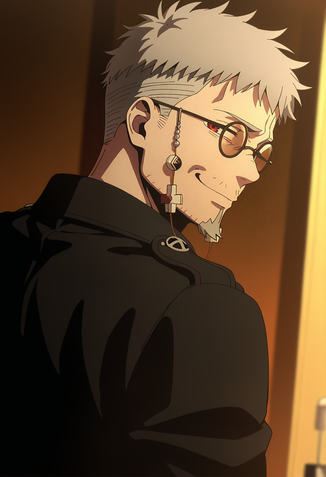 <lora:Fujimoto_Shiro_Blue_Exorcist__Ao_No_Exorcist__éã®ç¥é­å¸«_v2:1>,
fsh1r0,grey hair,red eyes,1boy,male focus,solo,round eyewear,glasses,fsh1r0_eyewear_strap,fsh1r0_brooch,fsh1r0_outfit,
mature male,(old man:0.8),goatee,stubble,mustache stubble,
from behind,looking back,smile,
bloom,high contrast,visual effects,upper body,dutch angle,depth of field,
masterpiece,best quality,amazing quality,absurdres,highres