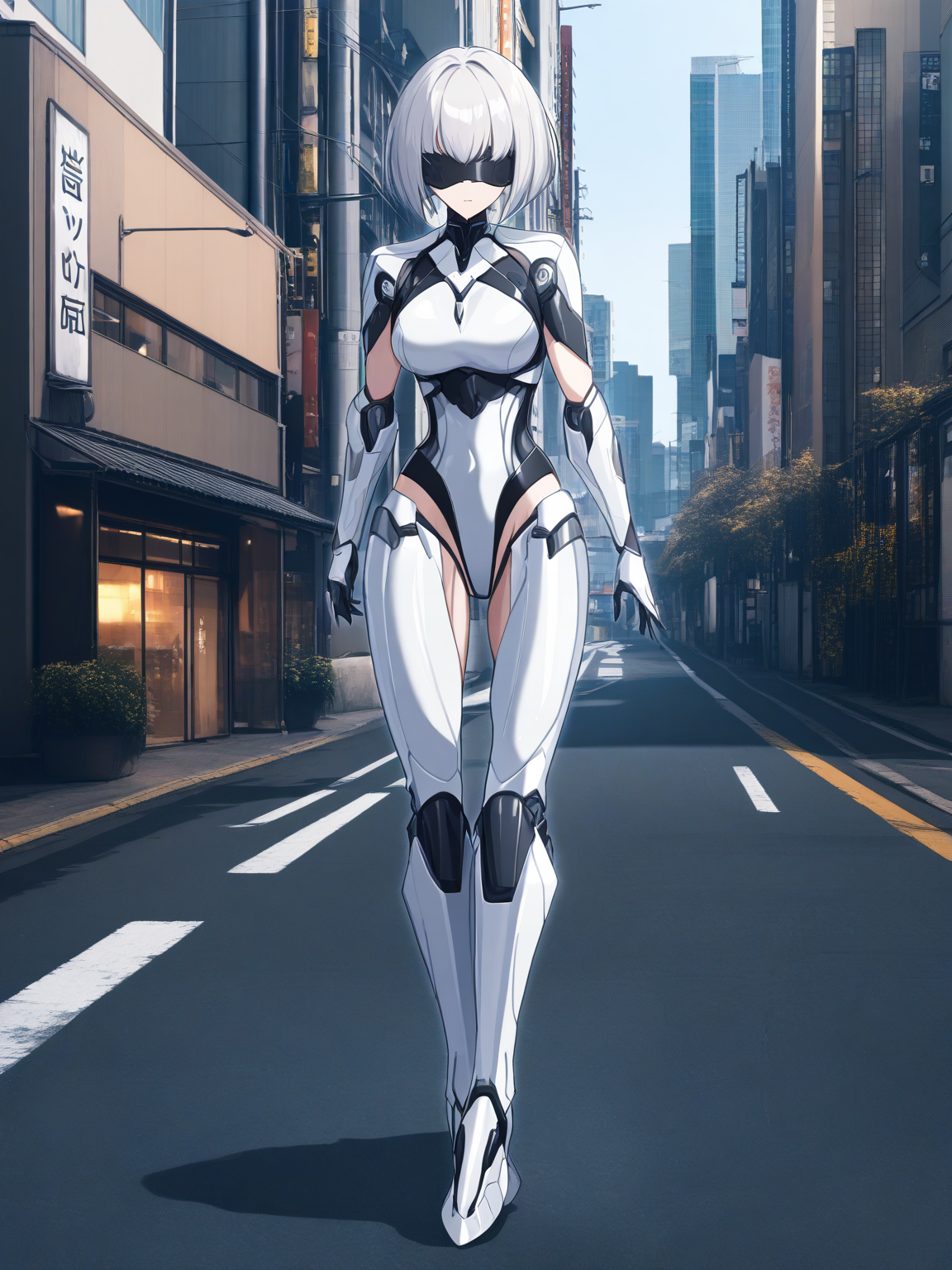 masterpiece, best quality, very aesthetic, absurdres,   .,, Yorha No.2 Type B , Height: Approximately 5 feet 6 inches (168 cm), giving her a balanced and statuesque presence. Build: Slim and athletic, with a toned, well-proportioned figure. Her design emphasizes both agility and strength, reflecting her combat capabilities. Hair: Short, silvery-white hair cut in a sleek bob with slightly longer bangs that cover her eyes. Her hair has a smooth and polished texture, giving her an ethereal and futuristic look. Eyes: Hidden beneath a black visor (or blindfold-like accessory), which is part of her standard YoRHa uniform. When visible, her eyes are light gray or blue, appearing soft yet focused. Her expression often conveys a mix of stoicism and quiet intensity. Skin: Fair and flawless, with an artificial, porcelain-like quality that emphasizes her android nature. Her skin has a smooth, almost synthetic appearance, free of blemishes or imperfections. . , <lora:skyline-abstract:0.5>,  (cityscape, city, city lights, skyline, street, street view:0.7), background, abstract background,<lora:wabstyle:1><lora:wabstyle:1><lora:wabstyle:1><lora:wabstyle:1>