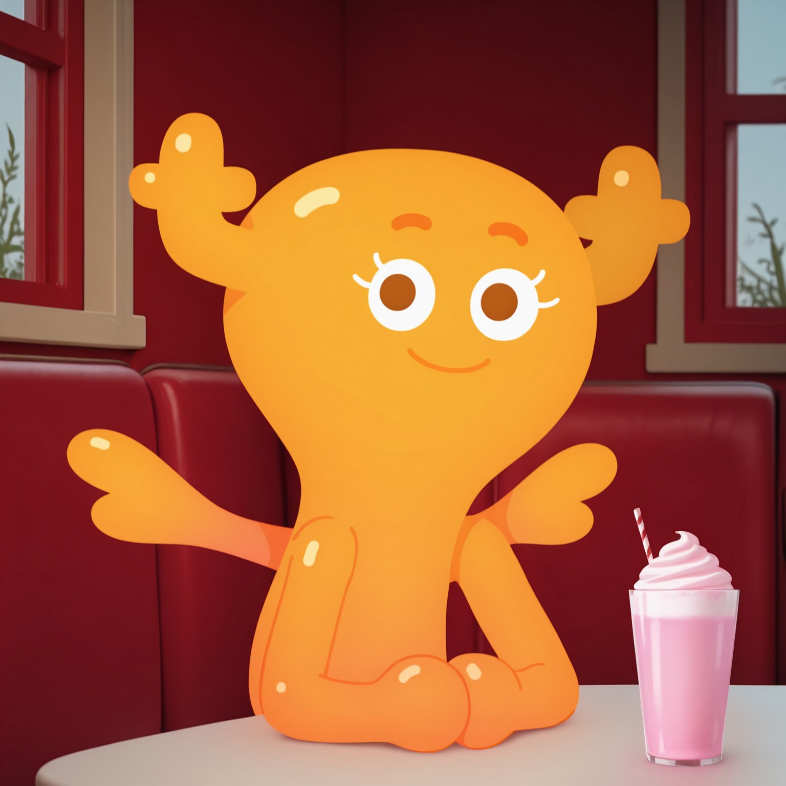 uncensored, masterpiece, best quality, highly detailed, realistic, 1girl, solo, PenFGB, female humanoid, fairy, antlers, orange eyebrows, white eyelashes, dark-orange eyes, yellow skin, multicolored skin, small wings, smile, closed mouth, looking at viewer, sitting, table, pink milkshake, red booth, window, (front view), detailed background, hands on table, ball hands