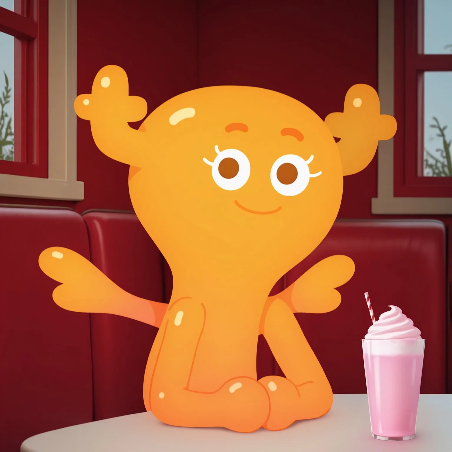 uncensored, masterpiece, best quality, highly detailed, realistic, 1girl, solo, PenFGB, female humanoid, fairy, antlers, orange eyebrows, white eyelashes, dark-orange eyes, yellow skin, multicolored skin, small wings, smile, closed mouth, looking at viewer, sitting, table, pink milkshake, red booth, window, (front view), detailed background, hands on table, ball hands