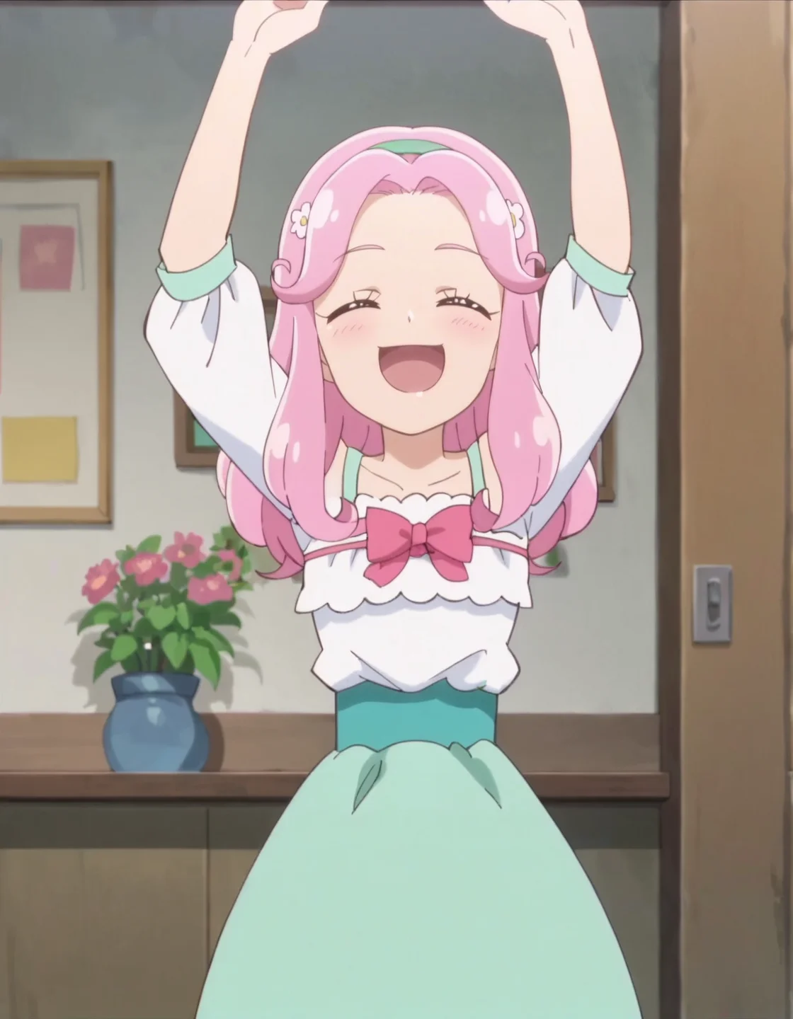 score_9, score_8_up, score_7_up, anime screencap, solo,1girl,hanamikotoha, closed eyes,pink hair,pink bow,green skirt, hairband,white dress,arms up,open mouth,cowboy shot,smile,blush,looking at viewer,small breasts,<lora:hanamikotoha:0.8>