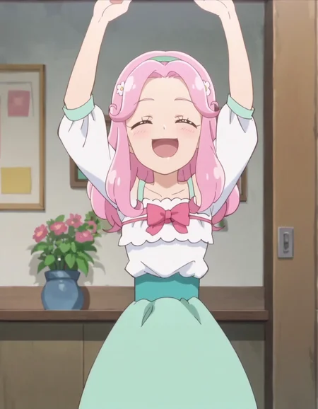 score_9, score_8_up, score_7_up, anime screencap, solo,1girl,hanamikotoha, closed eyes,pink hair,pink bow,green skirt, hairband,white dress,arms up,open mouth,cowboy shot,smile,blush,looking at viewer,small breasts,<lora:hanamikotoha:0.8>
