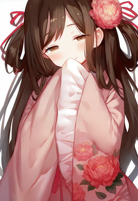 1girl,hair ornament,flower,hair flower,peony \(flower\),long hair,solo,floral print,blush,smile,japanese clothes,brown hair,simple background,wide sleeves,looking at viewer,hair rings,white background,kimono,brown eyes,sleeves past wrists,half-closed eyes,ribbon,long sleeves,pink flower,covering own mouth,sleeves past fingers,closed mouth,red ribbon,very long hair,hair ribbon,
masterpiece,best quality,newest,absurdres,highres,<lora:Dhiea1_noob1.1-000162:1>,