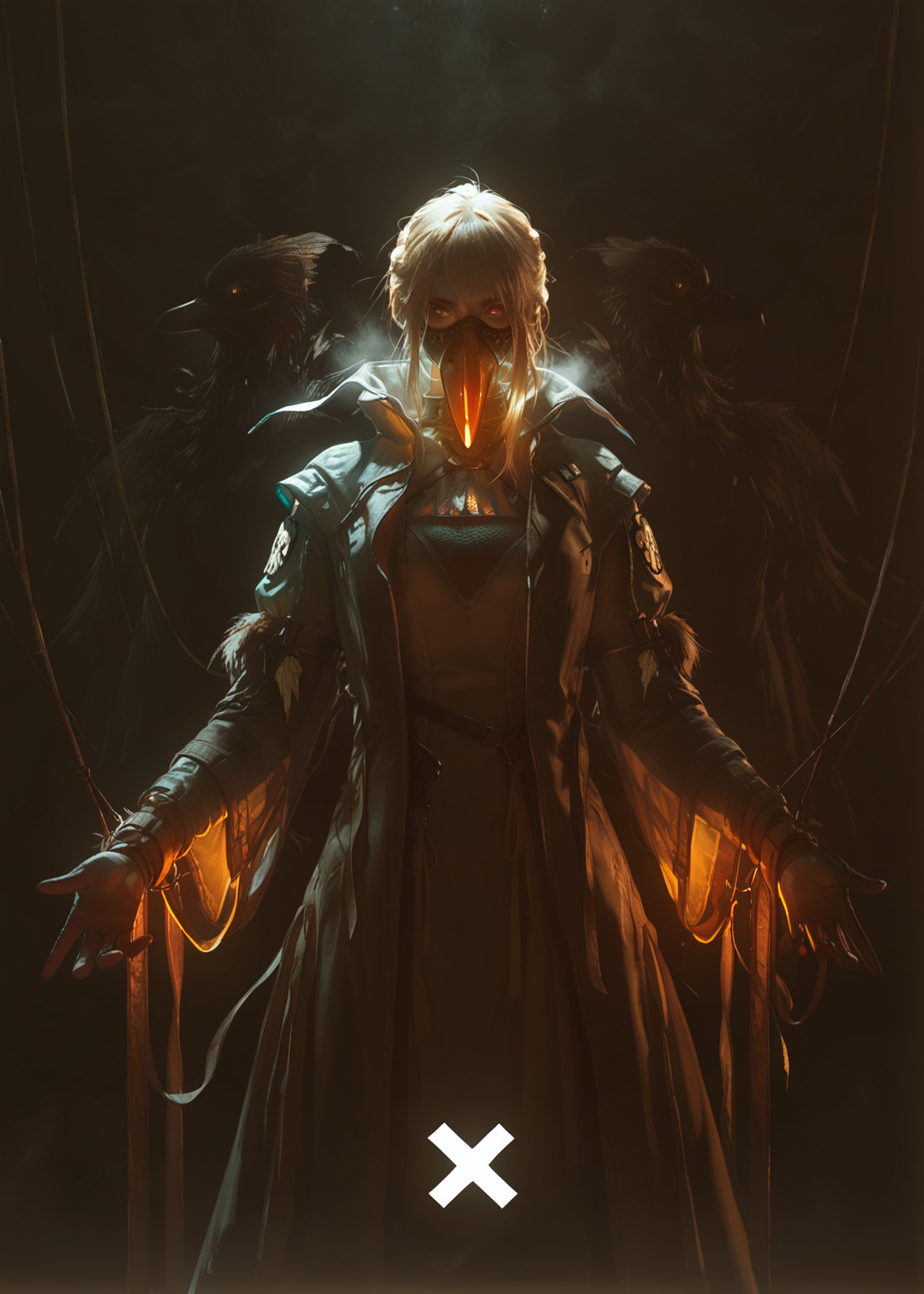 best quality,masterpiece,absurdres,newest,
<lora:ATNR_V1.1_Lokr_f4_warmup_stable_decay:0.9> ,
(atnr),
1girl, silhouette, dress, coat, see-through, bird mask, plague mask, long  beak, feathers mask, bondage, bdsm, neon flow, glowing, neon lights, glowing eyes, best quality, perfect body, backlight, fantasy, lightrays, mist, fog, volumetric lighting, surreal, horror, close-up  masterpiece, very aesthetic, absurdres, xxx667_illu, glowing
