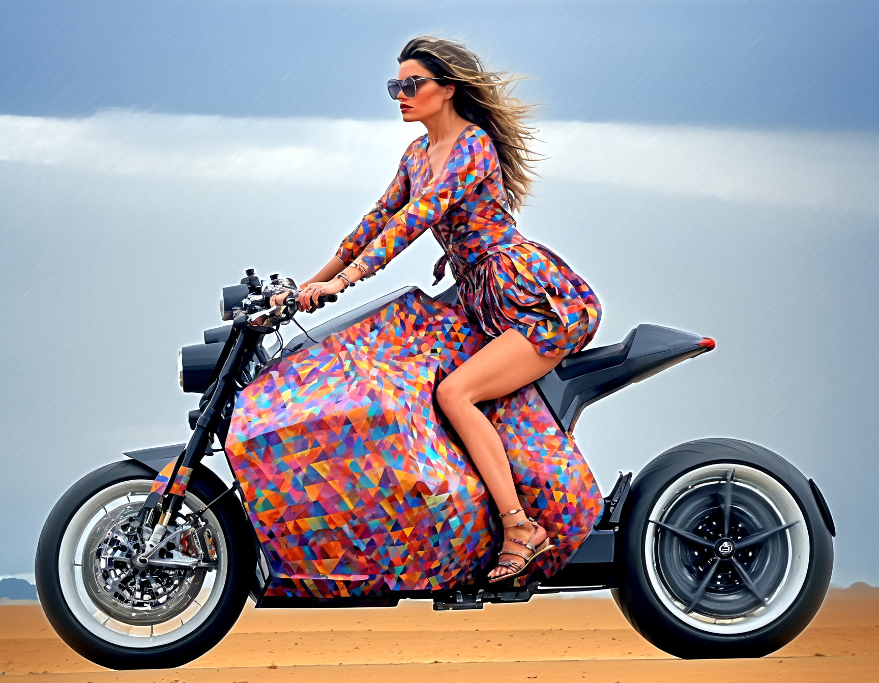 She rides the dc100, her hair streaming in the wind, surrounded by a surreal landscape of floating geometric shapes and vibrant colors. The world around her warps and twists, creating a mind-bending illusion that defies the laws of physics. Welcome to a Vogue of Escherian Dreams, where reality meets fantasy.,(dc100:1.05),