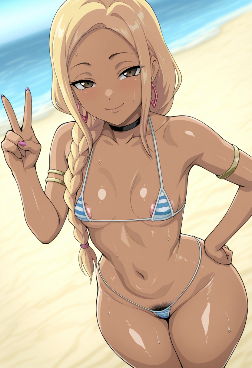 masterpiece, best quality, S4s4k1Nsfw, <lora:Iwao178:1> 1girl, solo, portrait, standing, hand on own hip, v, shiny skin, sweat, looking at viewer, light smile, small breasts, thick thighs, curvy, gyaru, blonde hair, long braid, sidelocks, bikini, micro bikini, striped bikini, areola slip, pubic hair peek, armlet, earrings, hoker, jewelry, outdoors, beach,