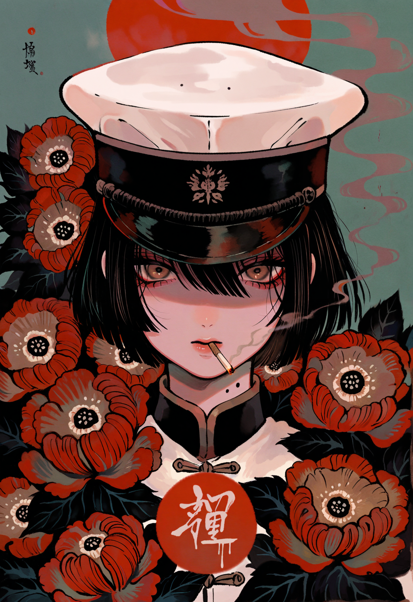 1boy, androgynous, bishounen, black hair, blue sky, brown eyes, camellia, cigarette, flower, hat, jacket, leaf, male focus, military hat, mole, mole on neck, red flower, red sun, short hair, sky, smoke, smoking, solo, sun, upper body, white hat, white jacket, straight-on, covered face, looking down, out of frame, face focus, 
masterpiece, best quality, amazing quality, absurdres, newest, 
<lora:tsubonari:1>