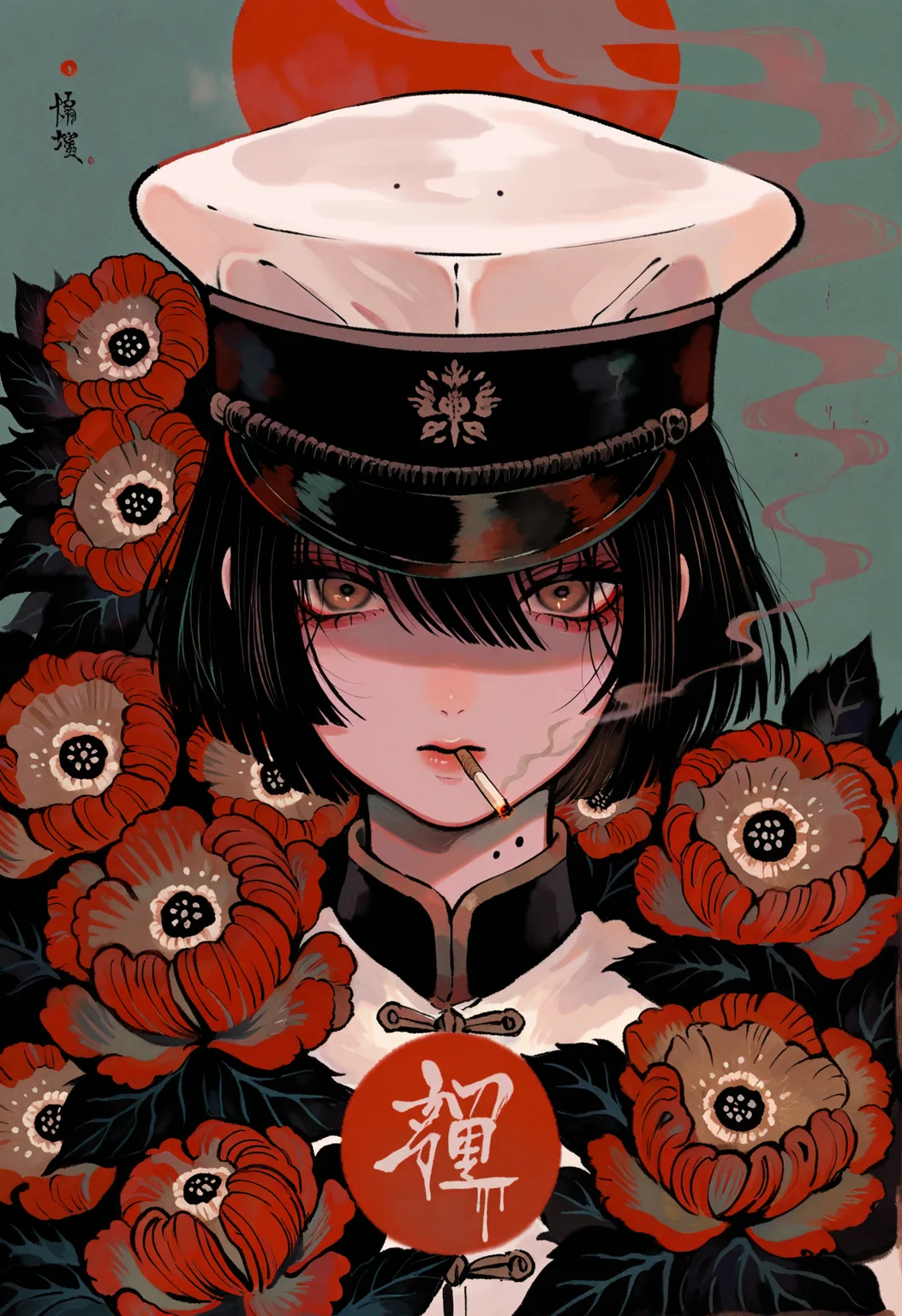 1boy, androgynous, bishounen, black hair, blue sky, brown eyes, camellia, cigarette, flower, hat, jacket, leaf, male focus, military hat, mole, mole on neck, red flower, red sun, short hair, sky, smoke, smoking, solo, sun, upper body, white hat, white jacket, straight-on, covered face, looking down, out of frame, face focus,
masterpiece, best quality, amazing quality, absurdres, newest,
<lora:tsubonari:1>