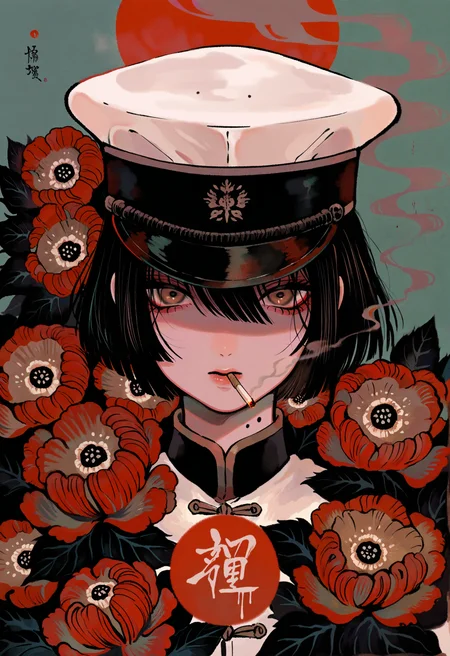 1boy, androgynous, bishounen, black hair, blue sky, brown eyes, camellia, cigarette, flower, hat, jacket, leaf, male focus, military hat, mole, mole on neck, red flower, red sun, short hair, sky, smoke, smoking, solo, sun, upper body, white hat, white jacket, straight-on, covered face, looking down, out of frame, face focus,
masterpiece, best quality, amazing quality, absurdres, newest,
<lora:tsubonari:1>