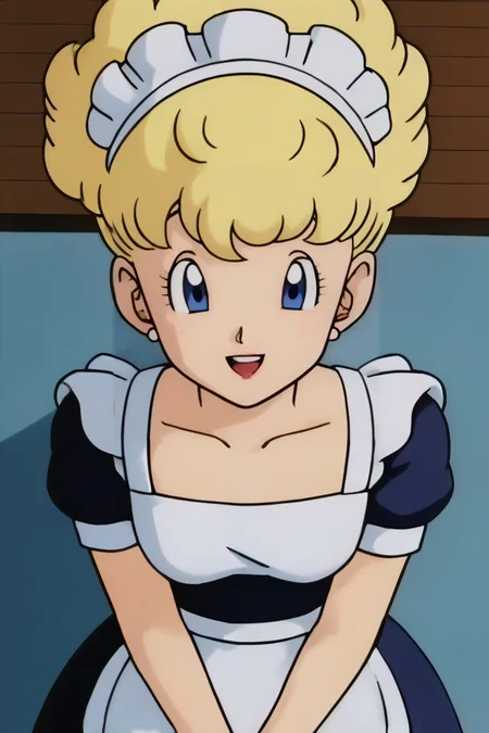 source_anime, score_9, score_8_up, score_7_up, anime screencap,
panchy, blonde hair, short hair, curly hair, blue eyes,
maid headdress, maid, pantyhose, black shoes,
indoors, smile, teeth, from above,
<lora:panchy_pony_v1:0.8>
