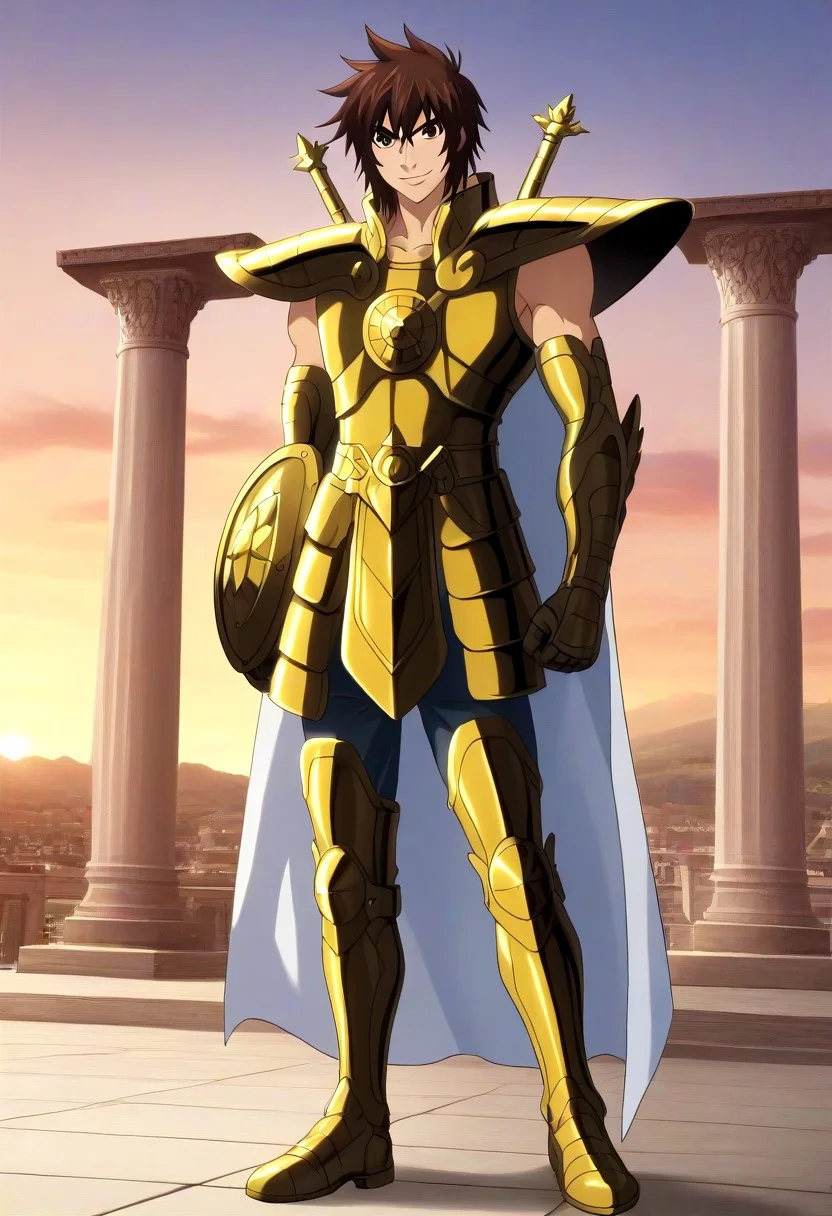 ((masterpiece)), ((best quality)), ((ultra-detailed)), ((absurdres)), score_9_up, score_8_up, score_7_up,
HD, top quality, best quality, amazing quality, High-quality illustrations, anime screencap, source_anime, best aesthetic, perfect proportions, perfect eyes, 1boy, 1male, solo boy, solo male, male focus, solo male focus, Anime, boy, male anime character, anime boy, handsome, cute, charming, sexy, good-looking, ((lean body, toned body, fit body, muscular body, slim waist, small waist)), Libra Dohko, brown hair, longer hair, brown eyes, gray leggings, Saint Seiya armor, golden full armor, right shoulder shield, left arm shield, gray leggings, long white cape, ((full body shot, head to feet shot)), ((smile)), ((sunset)), ((Ancient Greece, Greek temple, temple pillars)), easynegative, updn, Expressiveh, masterpiece, best quality, very aesthetic, absurdres