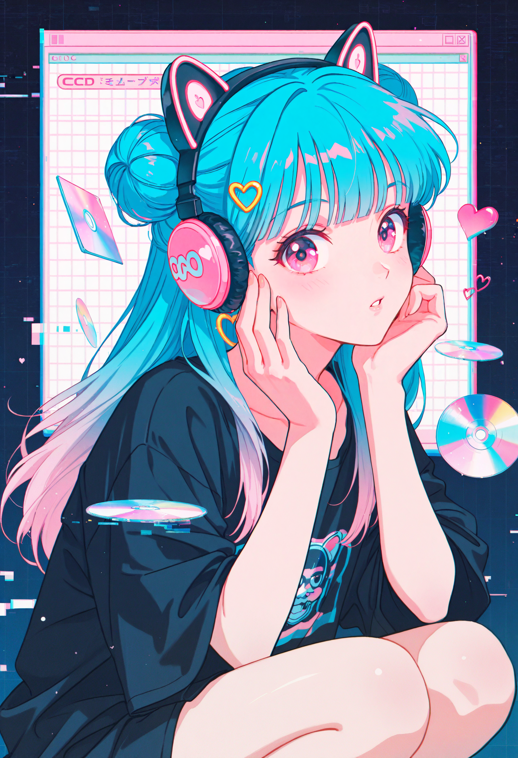 (incredibly_absurdres, amazing_background, best quality, pastel_colors, colorful_theme, gradient, (grainy_texture:1.4), vaporwave, very aesthetic, soft_lighting, 1990s_(style), retro_artstyle, anime_coloring, flat_colors, scanlines)
(WCA-Illu, wacca005, window (computing), pixel_\(artwork\), (chromatic aberration), pixel_art, (animal_ear_headphones:1.4), crouching, (cover, cd, glitch:1.4), (halftone:1.4), dark_theme, 1girl, solo, long_hair, twin_buns, blunt_bangs, hair_ornament, double_bun, half_updo, ribbon, earrings, hoop_earrings, heart_hair_ornament, heart_hairclip, surprised, black_shirt, oversized_clothes, logo_shirt, looking_at_viewer, hand_on_face, pink_eyes, gradient_hair, multicolored_hair, blue_hair, pink_hair, neon_lights, (black_background), (vaporwave), surreal, futuristic_theme)