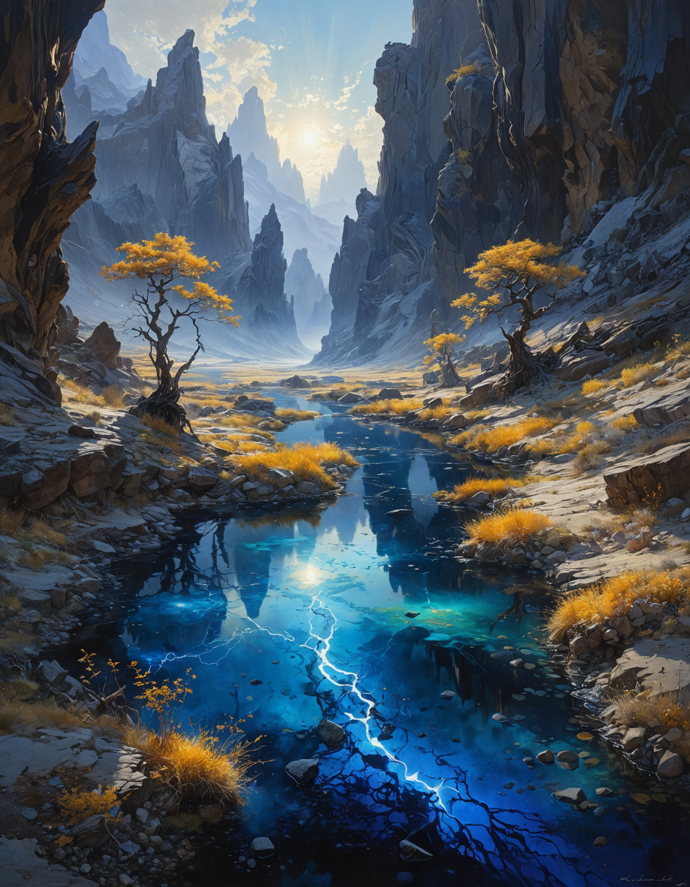 hyper detailed otherworldly landscape, glowing, gleaming, luminous, vibrand, phosphorescent, black, dark, low key, obsidian, onyx, pitch-black, by Richard Misrach and by Yoann Lossel,  excellent composition, finest details, maximized details, ultimate detail level, highest aesthetics, painterly, brushstrokes, traditional oil painting style, intense vibrant harmonic Cobalt Blue and Light Gray hue