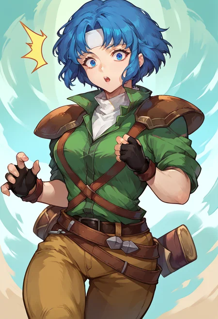 score_9, score_8_up, score_7_up, source_anime, BREAK, solo, 1girl, surprised, looking at viewer, <lora:Ronan-pdxl_Fp:1>, ronanfe5, blue hair, blue eyes, short hair, headband, green collared shirt, turtleneck, armor, shoulder armor, fingerless gloves, brown pants, belt, breasts,
