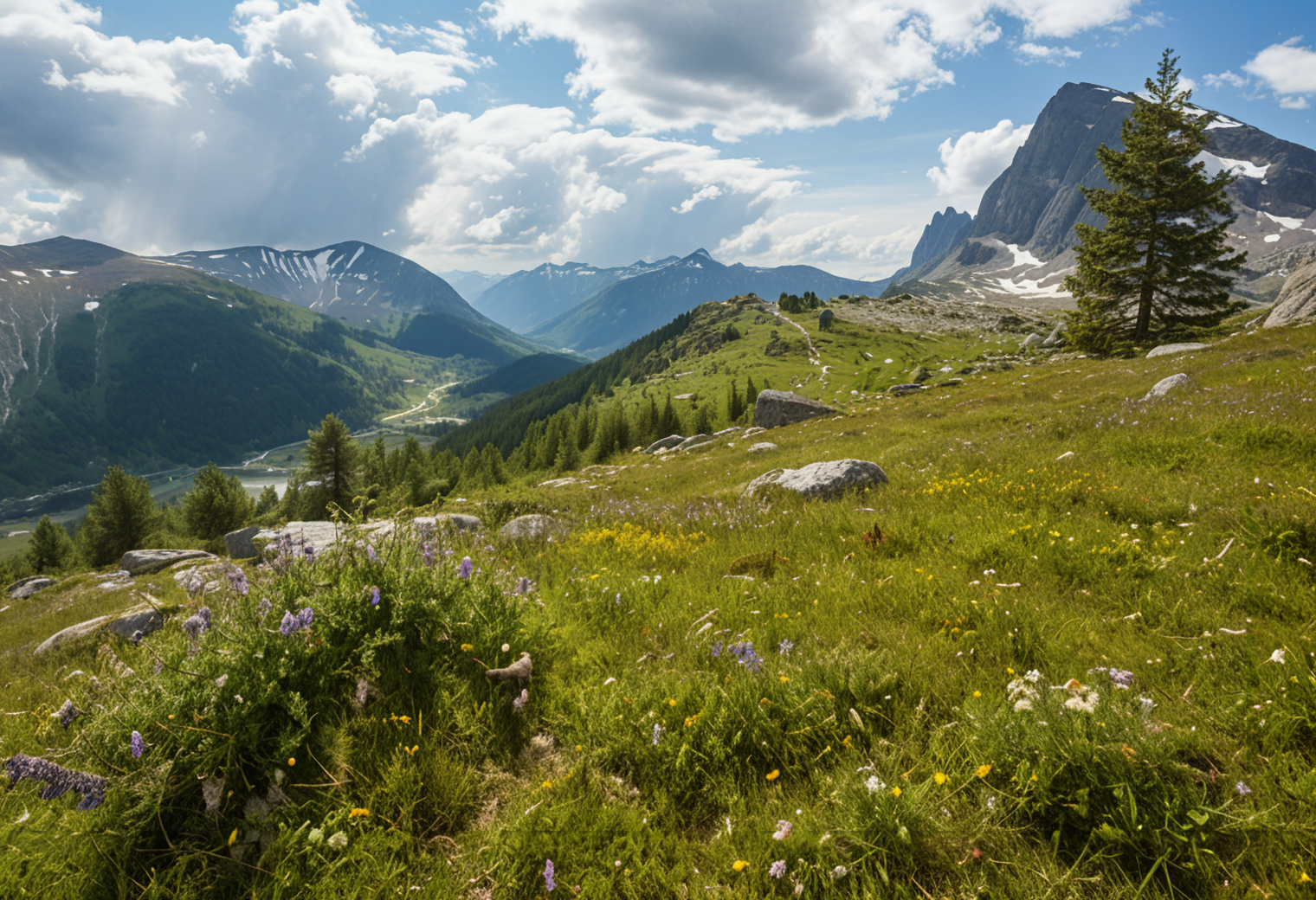 (no human:1.18), scenic wide open alpine landscape, flowering juicy mountain meadow at springtime, Scandinavian Mountains(butterflies:1.14), group of  birch trees, big rocks tered, (Hawk's nest) A bulky, twiggy structure high in a pine tree, with a vigilant bird 
(Mountain wildflowers: Wild thyme (Thymus serpyllum)Snow gentian (Gentiana nivalis) 
(clouds dapple sunlight, rain in the distance,:1.18)
(Sunny mid-afternoon, harsh, direct sunlight, strong shadows, warm, golden tones)(trending:0.89) (epic:0.78, (RAW:1.05),high definition,  <lora:sdxl\Hyper_Realism_Pony_XL.safetensors:0.85:0.18>  p4,s12