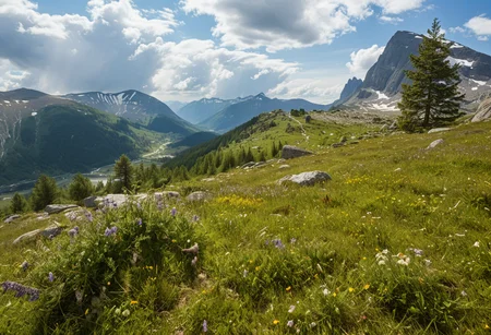 (no human:1.18), scenic wide open alpine landscape, flowering juicy mountain meadow at springtime, Scandinavian Mountains(butterflies:1.14), group of birch trees, big rocks tered, (Hawk's nest) A bulky, twiggy structure high in a pine tree, with a vigilant bird
(Mountain wildflowers: Wild thyme (Thymus serpyllum)Snow gentian (Gentiana nivalis)
(clouds dapple sunlight, rain in the distance,:1.18)
(Sunny mid-afternoon, harsh, direct sunlight, strong shadows, warm, golden tones)(trending:0.89) (epic:0.78, (RAW:1.05),high definition, <lora:sdxl\Hyper_Realism_Pony_XL.safetensors:0.85:0.18> p4,s12