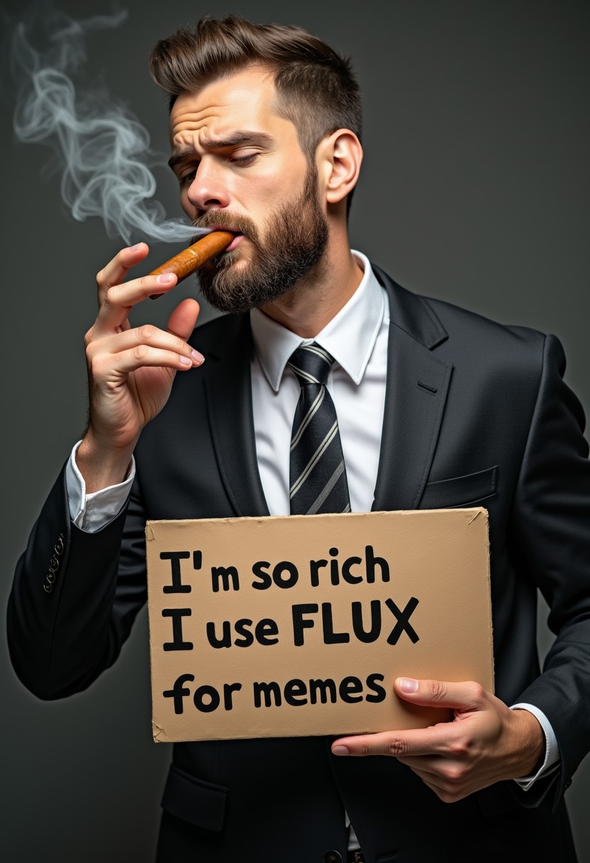 Business man in a suit, smoking a cigar, holding a sign that says "I'm so rich I use FLUX for memes"