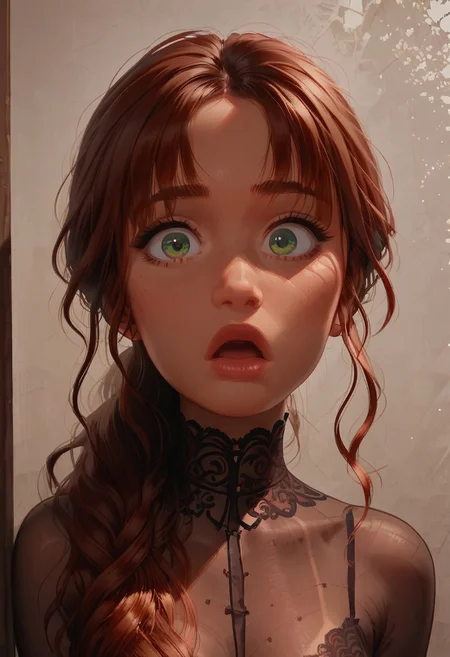 score_9, score_8_up, score_7_up, solo 1girl, (21yo girl:1.2), long wavy dark auburn hair, ponytail hair, wavy bangs, green eyes, cheek dimples, tan lines, large round breast, open door, shocked expression, open mouth, wearing sexy transparent emerald-green lace body stocking, full body view, sexy girlfriend (((very cute, very petite, very pretty, (very beautiful, amazing beauty)))), masterpiece, big eyes and innocent, soft lighting, luxury background, natural environment, great detail, intricate textures