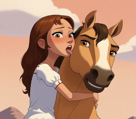 score_9, score_8_up, score_7_up, source_anime, Pixar style, flat chest, cowboy shot, 1girl, long hair, brown hair, shirt, brown eyes, outdoors, sky, day, pants, riding, horse, french kiss, blush, tongue, hug neck, horseback riding, reins, saddle, Lucky, looking_at_viewer, rating_explicit, outstanding,  <lora:lora.TA_trained:1>