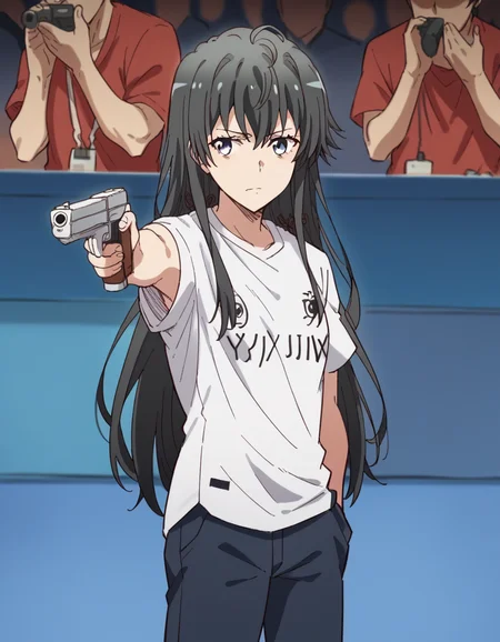 score_9, score_8_up, score_7_up, source_anime, <lora:yukino-yukinoshita-s2s3-ponyxl-lora-nochekaiser:1>, yukino yukinoshita, black hair, blue eyes, long hair,, <lora:yusuf-dikec-ponyxl-lora-nochekaiser:1> yusuf dikec, yusuf dikec (meme), meme, hand in pocket, handgun, holding gun, gun, shirt, t-shirt, pants, audience,, , cowboy shot,