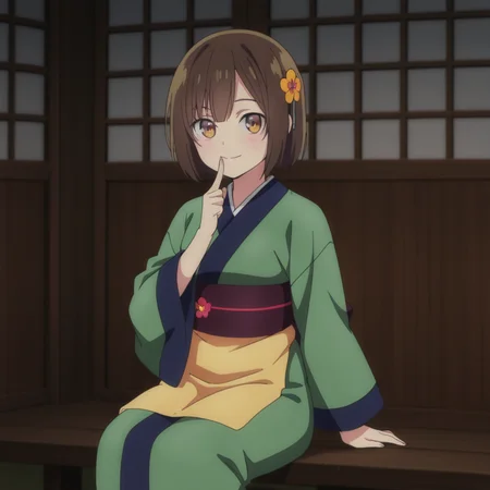 nsfw, masterpiece, best quality, 1girl, solo, seirei_gensouki_ruri, japanese clothes, kimono, green kimono sitting, smile, finger to mouth, closed mouth, flower, brown hair, small breasts, short hair, long sleeves, looking at viewer, brown eyes, hair ornament, bangs, sash, obi, hair flower, indoors, <lora:Ruri_-_Seirei_Gensouki:0.7>