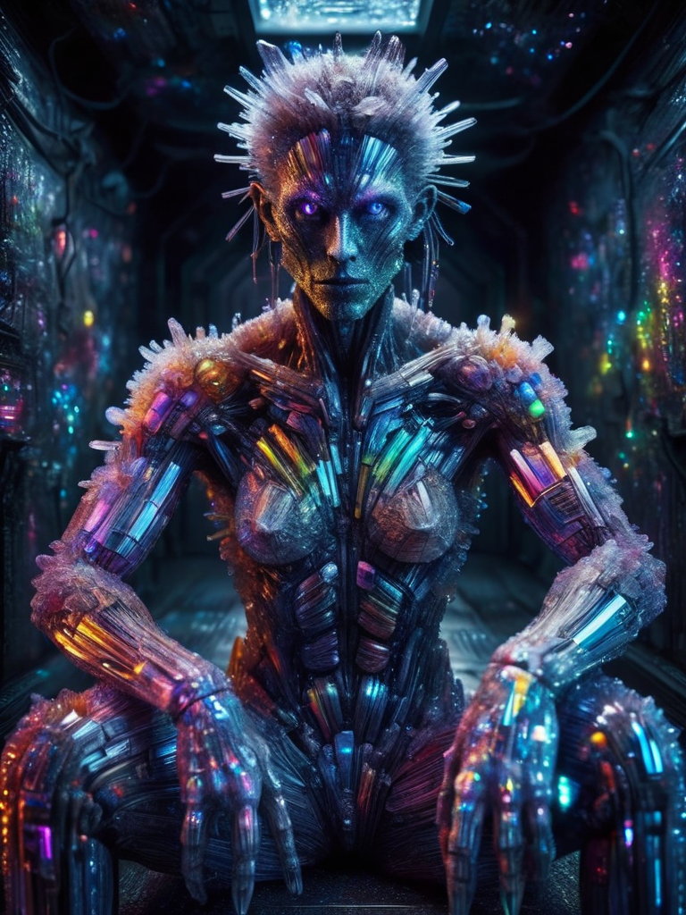 full body shoot, looking at viewer, in mythical cyberpunk dungeon, impossibly beautiful portrait of alien shapeshifter entity, surreal horror, inverted neon rainbow, crystalz <lora:crystalz:1>