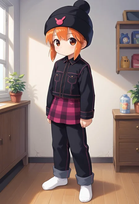 score_8, score_8_up, score_7_up, source_anime, BREAK 1girl, female focus, solo, flat chest, usagi_kurokawa, beanie, black headwear, hat ornament, orange hair, bangs, short hair, sidelocks, denim jacket, black jacket, collared jacket, breast pocket, long sleeves, skirt, plaid skirt, pants under skirt, black pants, jeans, socks, white socks, full body, indoors, open jacket, white shirt, standing,
