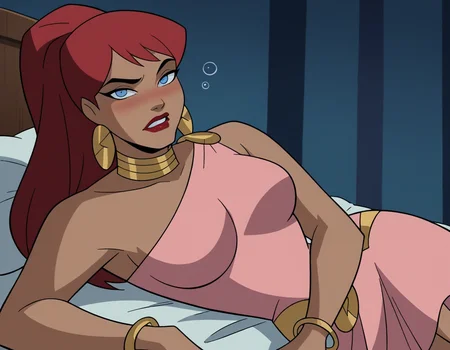 score_9, score_8_up, score_7_up, source_anime,
giganta, <lora:giganta-dcau-ponyxl-lora-nochekaiser:0.8>,
giganta, blue eyes, red hair, dark skin, dark-skinned female, makeup, lipstick, ponytail,
dress, jewelry, earrings, bracelet, pink dress,
indoors, bed, bed room, on side, blush, drunk,
looking at viewer, solo, dutch angle, cowboy shot,