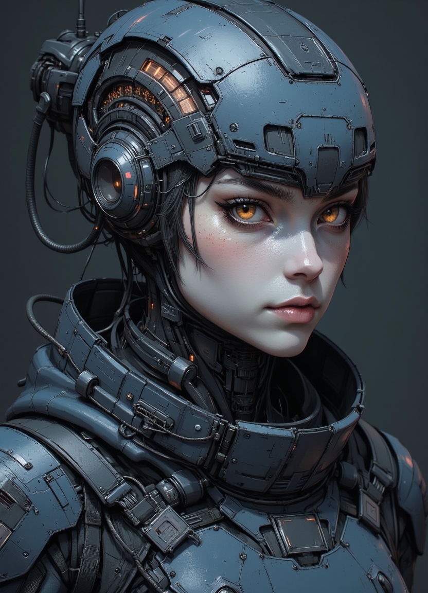 <lora:ck-Sci-Fi-Concepts:0.7>, in the style of ck-sfc,  close-up shot of a dressed in futuristic glowing hard surfaced dark pastel sci-fi, slightly oval cross section look, battle scratched armor, a kimono, mysterious white skin mexican wabi-sabi battle droid humanoid woman with a lot of mechanical parts, 1800'S, - Bosmer hybrid, Scribe, equirectangular 360, Flirty expression, Romantic, whimsical, Fast Shutter Speed, Lomography Color 100, F/2.0,
<lora:ck-nc-luminal-genesis:0.8>
<lora:test2:0.8>