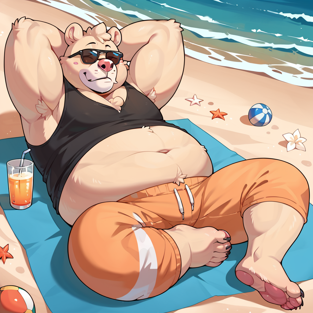score_9, score_8_up, score_7_up, score_6_up, score_5_up, score_4_up, source_cartoon, pile, bear, beige fur, pink nose, tank top, orange pants, chubby, fat, <lora:Pile_Breeze_in_the_Clouds_PonyXL:1> outside, beach background, beach scenery, water, relaxing, laying down, looking at viewer, sunglasses, barefoot,