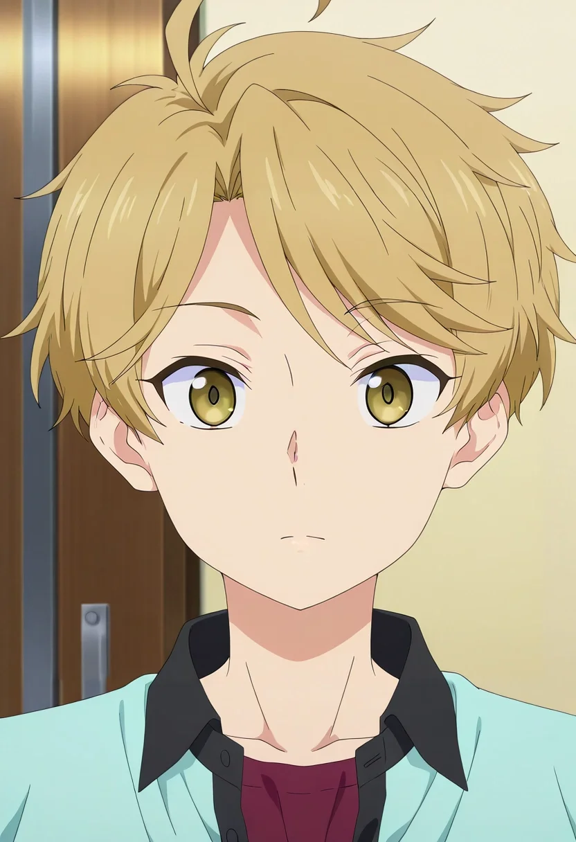 masterpiece, best quality, , anime screencap, anime coloring, official style, looking at viewer, 1boy, solo, male focus, <lora:yuuma_nikaidou_ilxl:0.92>, yuuma_nikaidou, blonde hair, yellow eyes, short hair, ahoge, ,