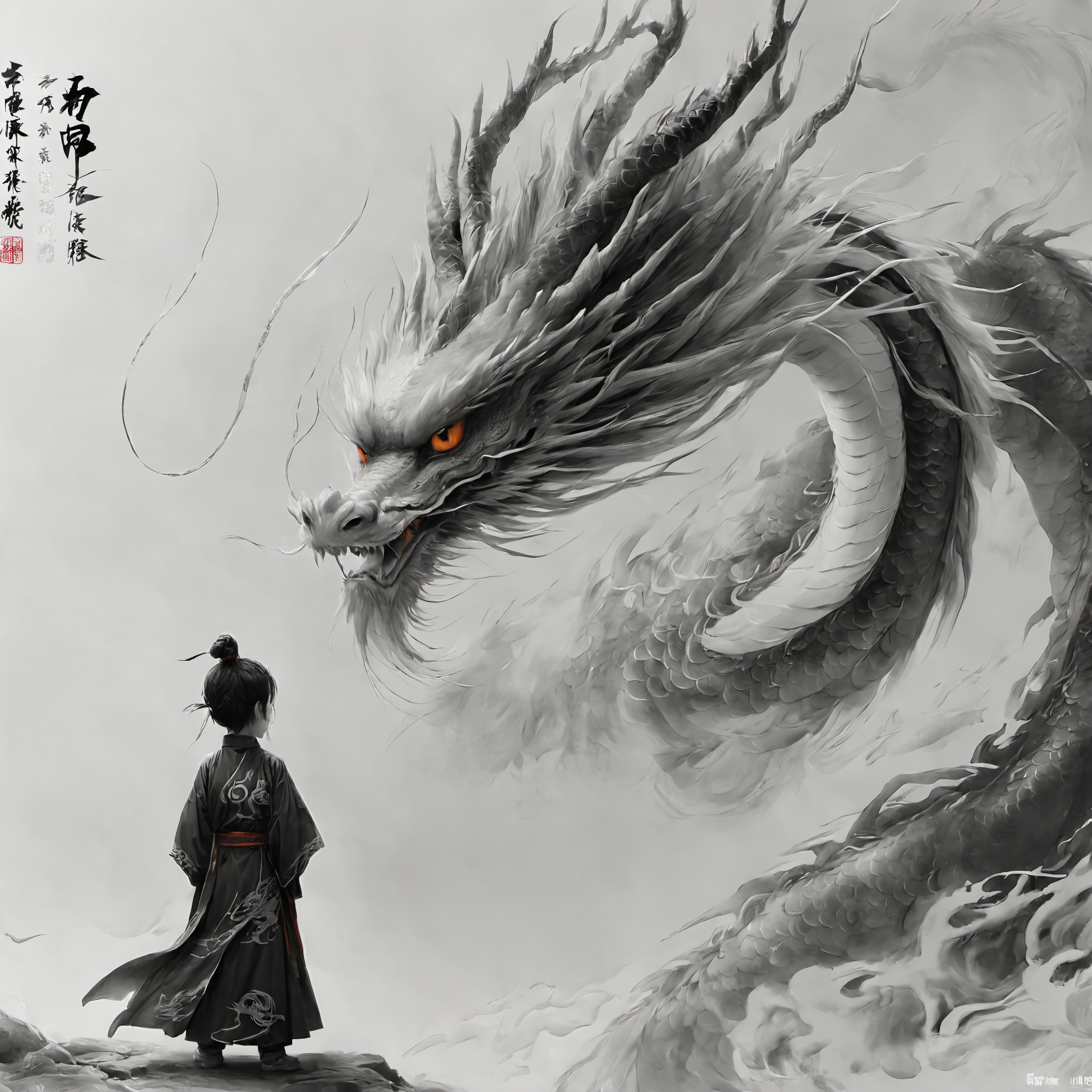 ananmo, dragon, sharp teeth, eastern dragon, 1boy, single hair bun, teeth, standing, monster, solo, horns, male focus, hair bun, monochrome, robe, from behind, size difference, open mouth, claws, spot color