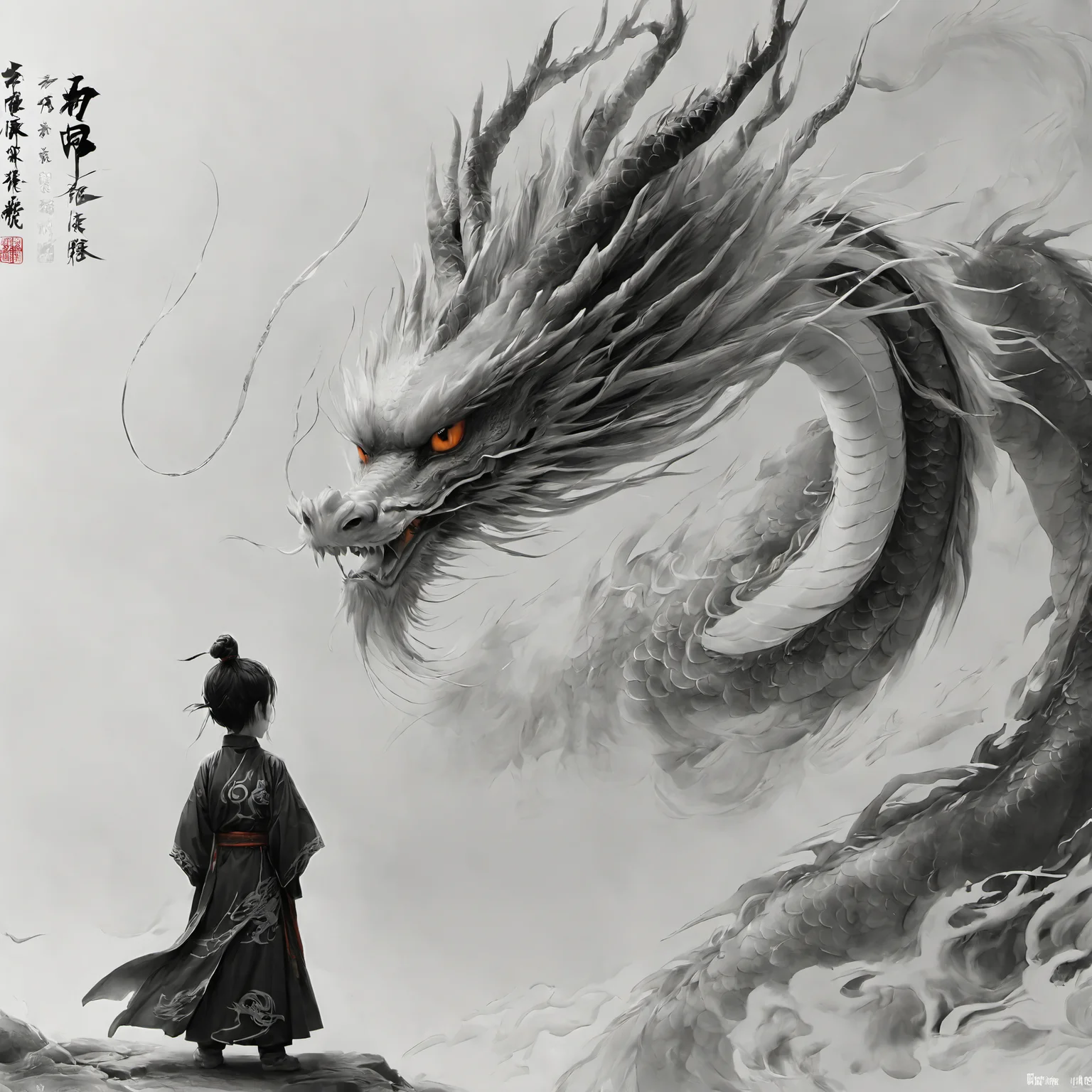 ananmo, dragon, sharp teeth, eastern dragon, 1boy, single hair bun, teeth, standing, monster, solo, horns, male focus, hair bun, monochrome, robe, from behind, size difference, open mouth, claws, spot color